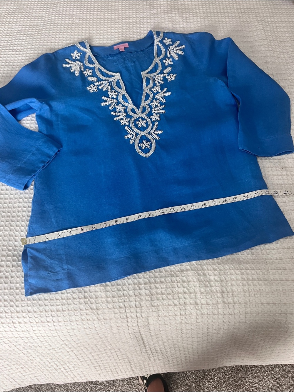 MINT Lilly Pulitzer Amelia Island Women LINEN TUNIC Top BEADED Resort LARGE - Picture 8 of 10